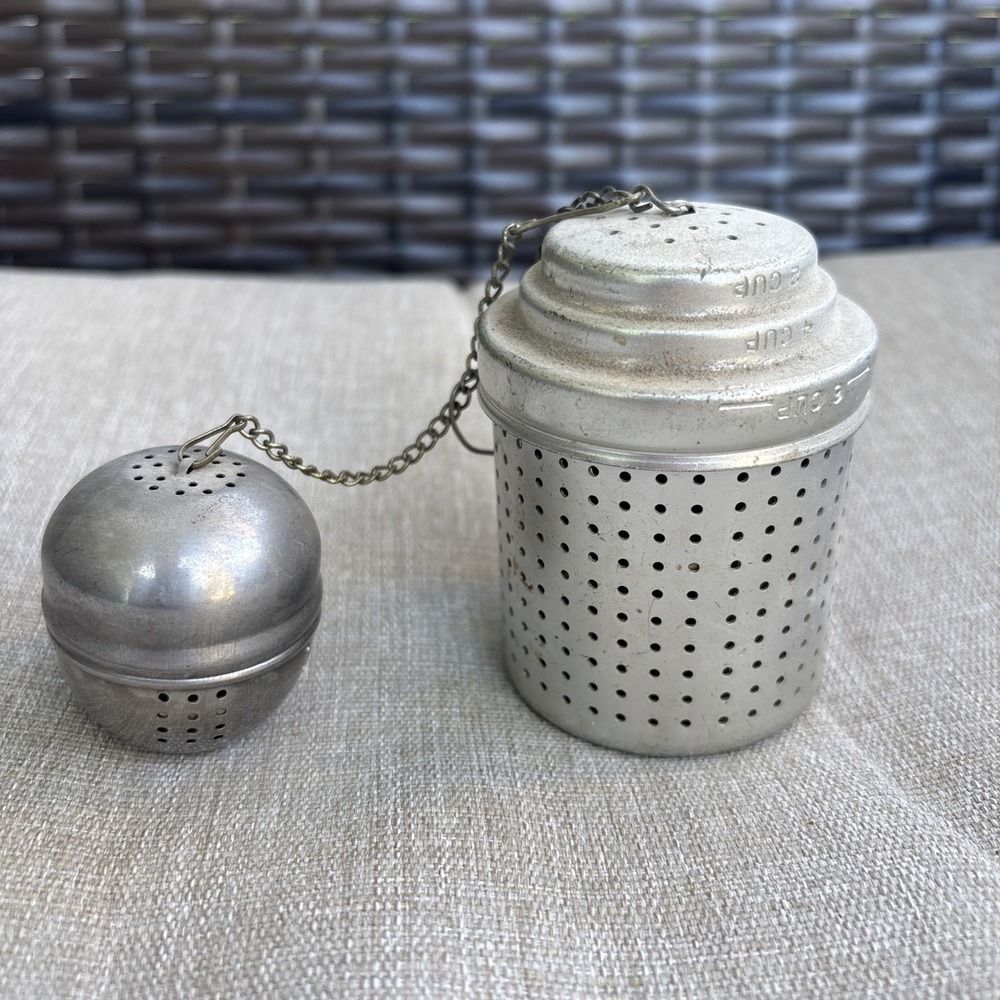 2~Vintage Loose Tea Herb Strainer Infuser Steeper Aluminum Screw On Lid & Hook